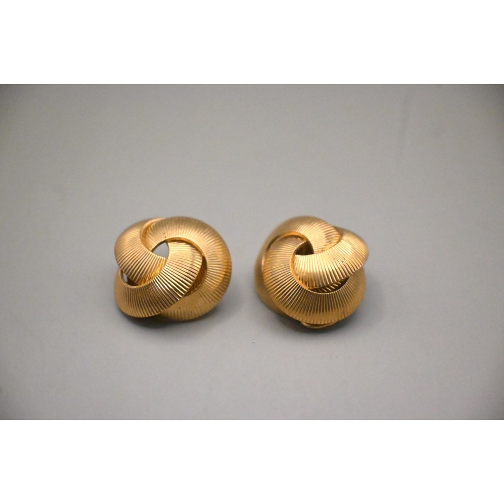 Vintage West Germany Foiled Gold Textured Triple Ribbon Knot Clip On Earrings